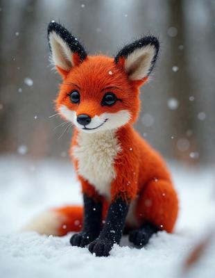 The primary subject of the image is a small, cute, and fluffy red fox sitting on a snow-covered ground. The setting is a snowy environment, with trees in the background. The visual style is a photo, capturing the adorable and innocent expression of the fox. The colors and mood of the image are predominantly white and cold, with the red fox standing out as the focal point.